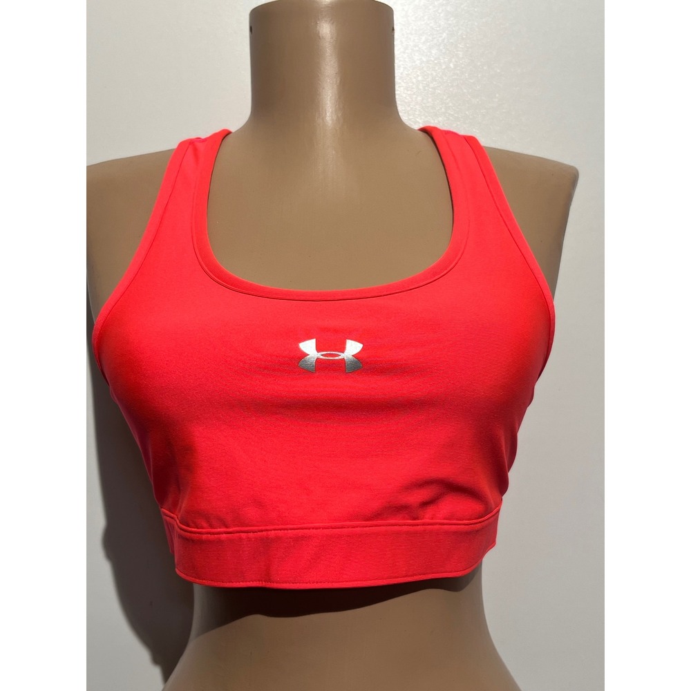 Under Armour HeatGear Compression Racerback Sports Bra Neon Coral Pink MD